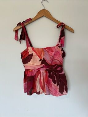 Tied Shoulder Floral Peplum Tank Top - Pink Multi